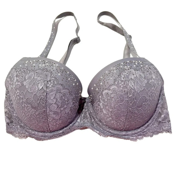 New Victoria’s Secret Dream Angels Rhinestone Pearl Demi Gray Bra Size 32DD - Picture 1 of 12